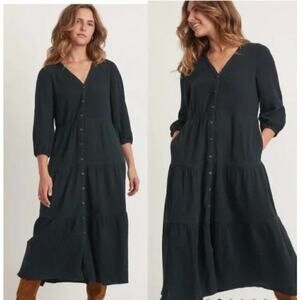 Marine Layer Willow Dress Doublecloth 3/4 Sleeve V-Neck Tiered Midi Black NWT XS